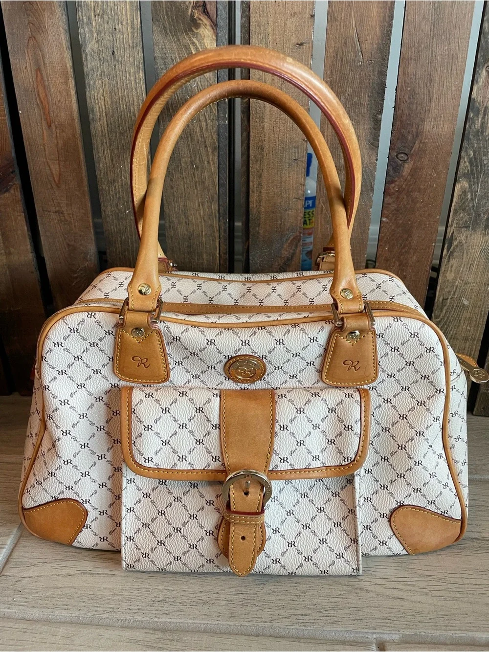 Rioni Cream & Tan Monogram Satchel with Wallet